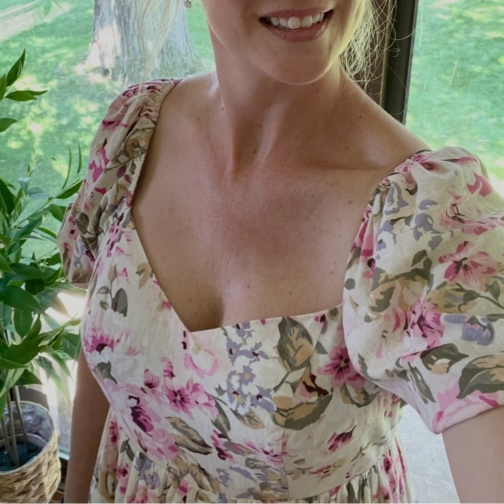Bird Papaya’s Floral Maxi Dress with Sleeves in Pink + Cream NWT
